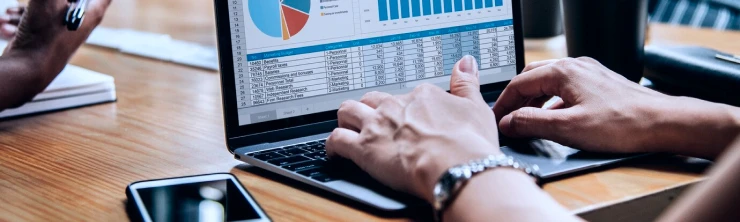 Pessoa trabalhando no computador, na tela aparecem gráficos e planilhas.