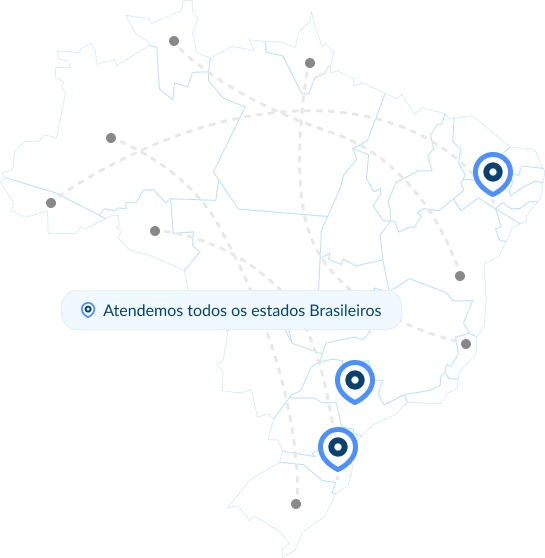 Mapa do Brasil indicando nossa matriz e filial, junto a frase 'atendemos todos os estados Brasileiros'